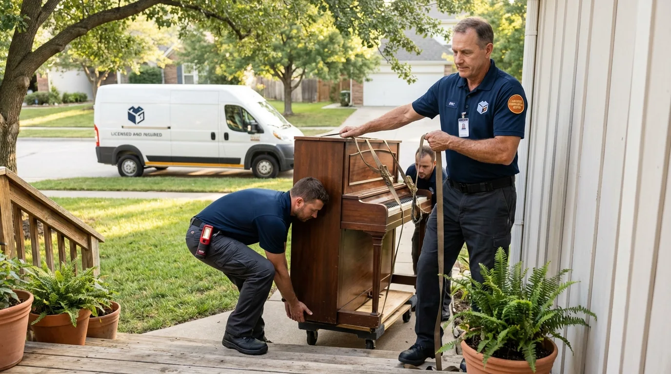 Licensed piano movers securing grand piano in Kemp, TX