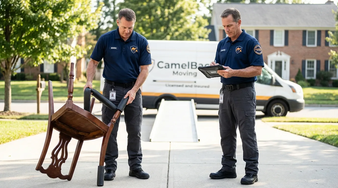 Movers inspecting furniture for damage prevention before loading in Kemp, TX