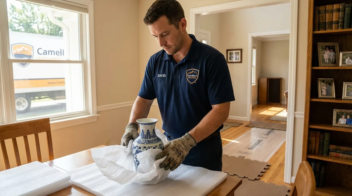Professional crew carefully wrapping antique vase for senior downsizing move in Kemp, TX